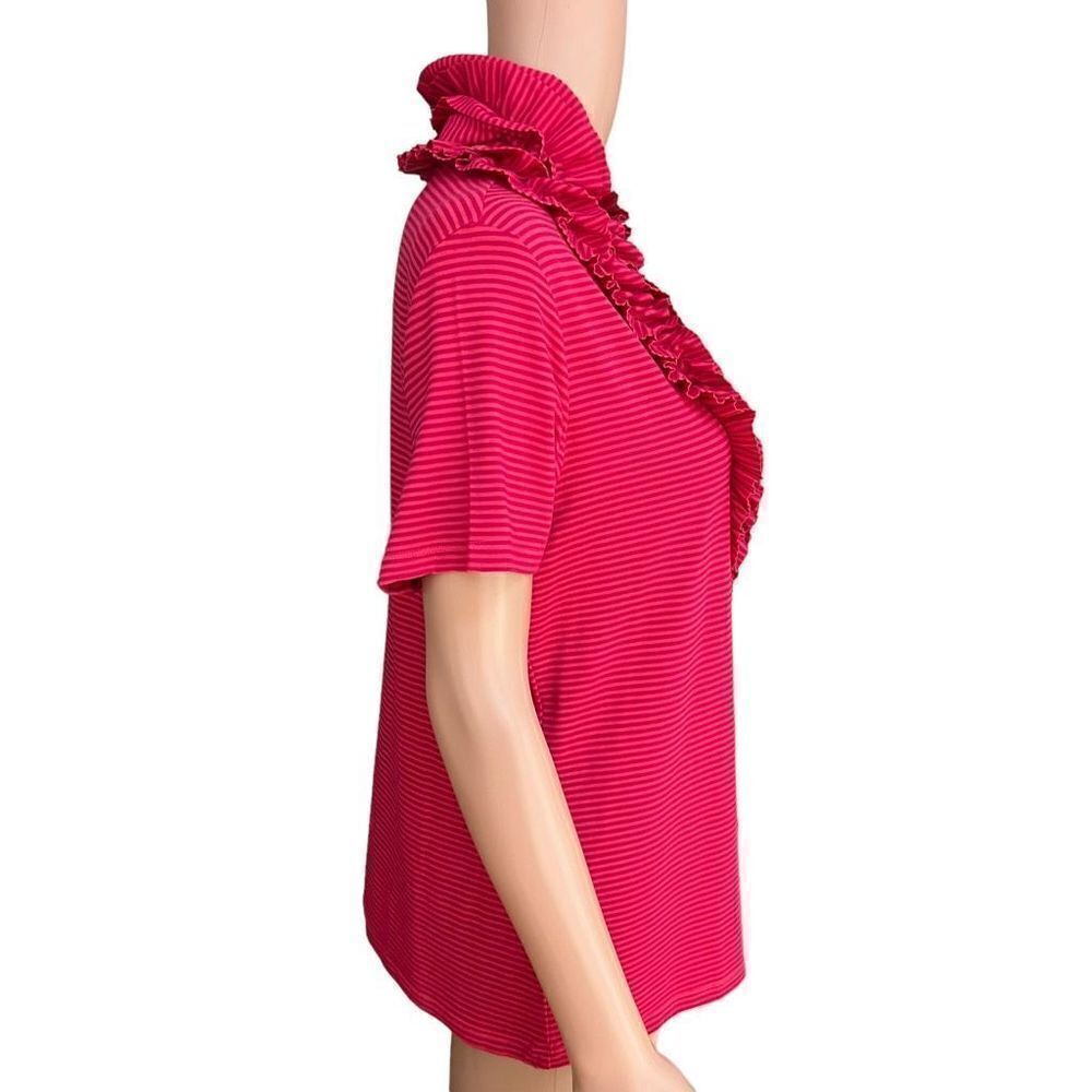 Soft Surroundings Shirt Top blouse Women Size L pink Stripe Ruffle Stretch - Picture 2 of 6